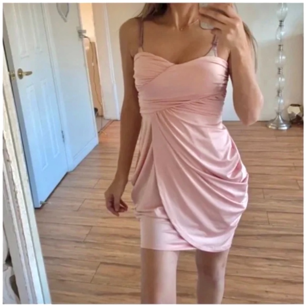 🪞 oh polly pink silky draped strapless dressy dress